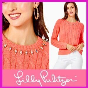 NWT LILLY PULITZER sweater pullover size Large cable coral decorated embellished